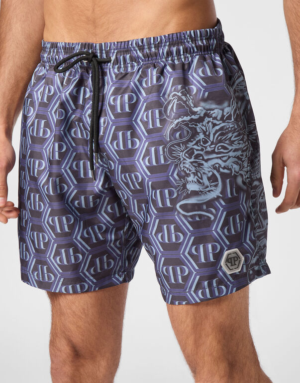 Philipp Plein Swim Shorts featuring Dragon Monogram Print available at Lestyle Boutique Melbourne