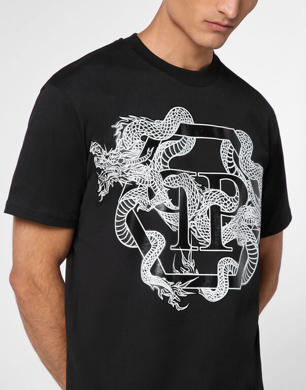Philipp Plein black T-shirt with dragon and hexagon graphic, available at Lestyle Boutique.