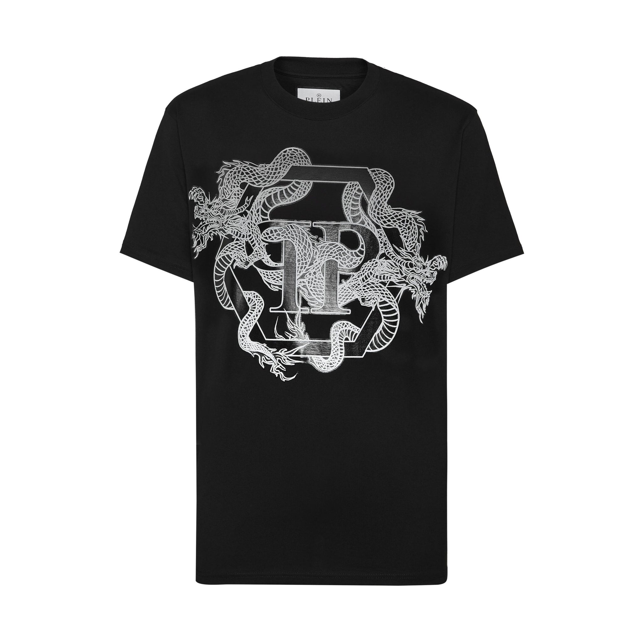 Philipp Plein black T-shirt with dragon and hexagon graphic, available at Lestyle Boutique.