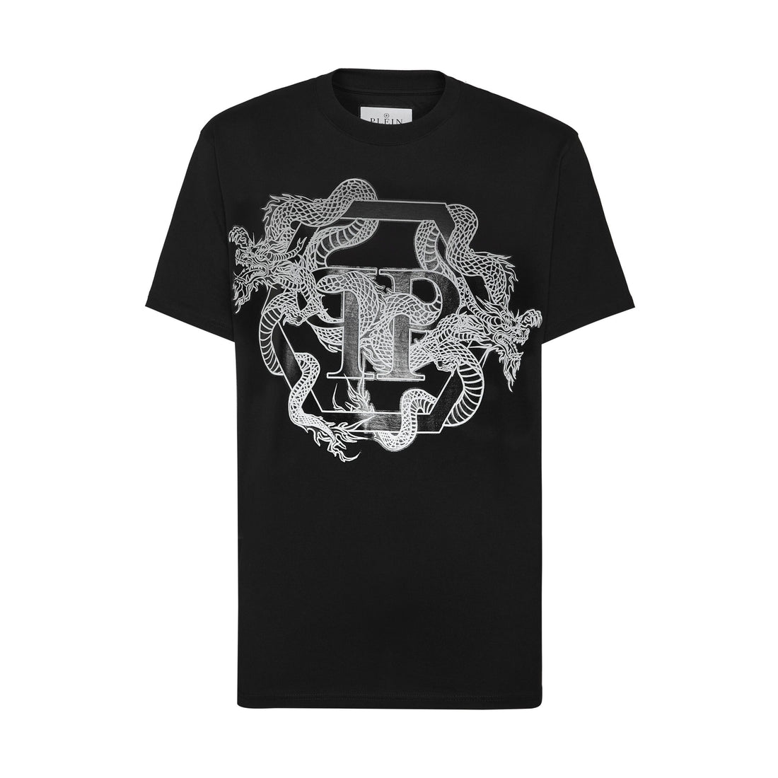 Philipp Plein black T-shirt with dragon and hexagon graphic, available at Lestyle Boutique.