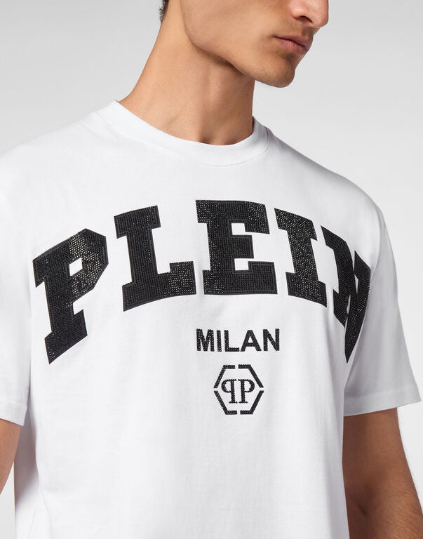 Philipp Plein white T-shirt with "PLEIN MILAN" logo, available at Lestyle Boutique.