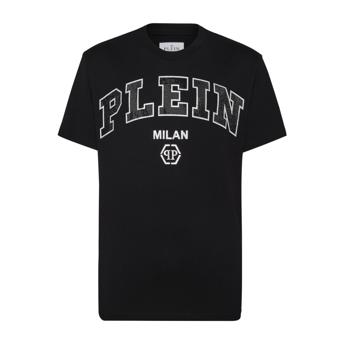 Philipp Plein black T-shirt with "PLEIN MILAN" logo, available at Lestyle Boutique.