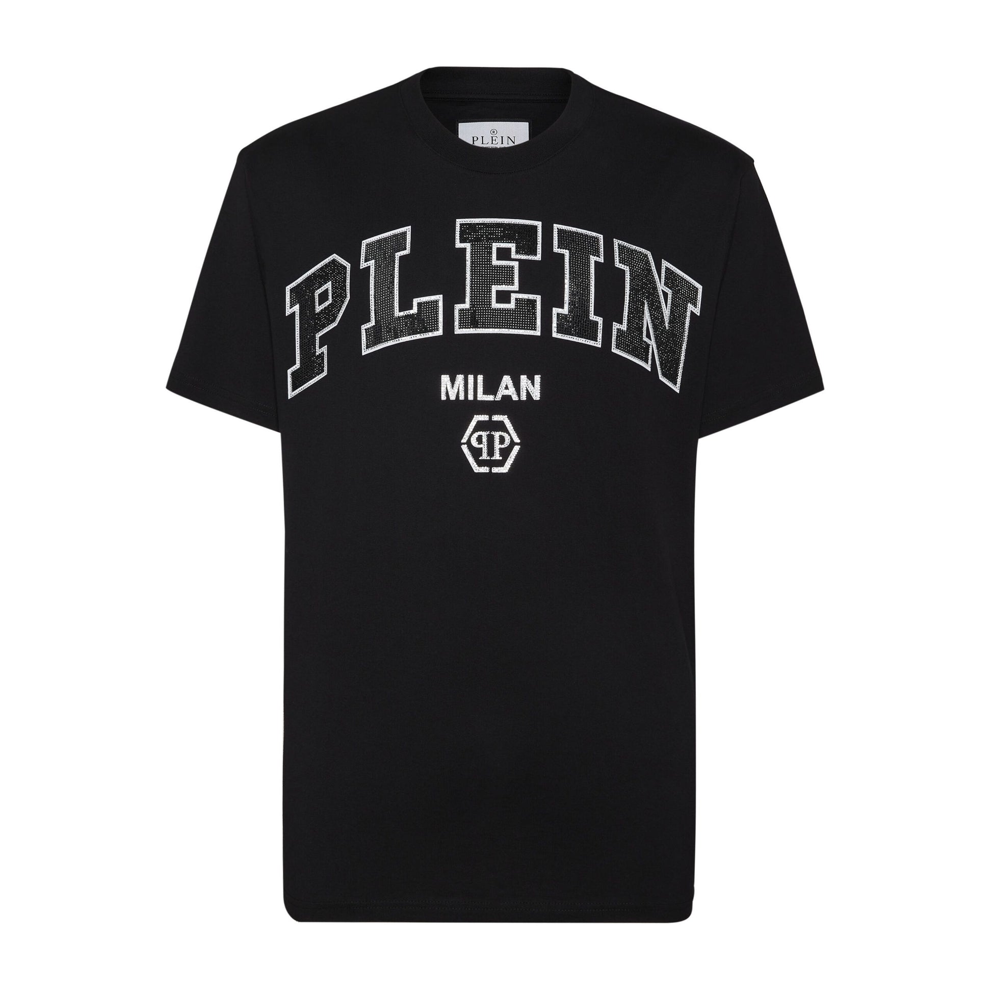 Philipp Plein black T-shirt with "PLEIN MILAN" logo, available at Lestyle Boutique.