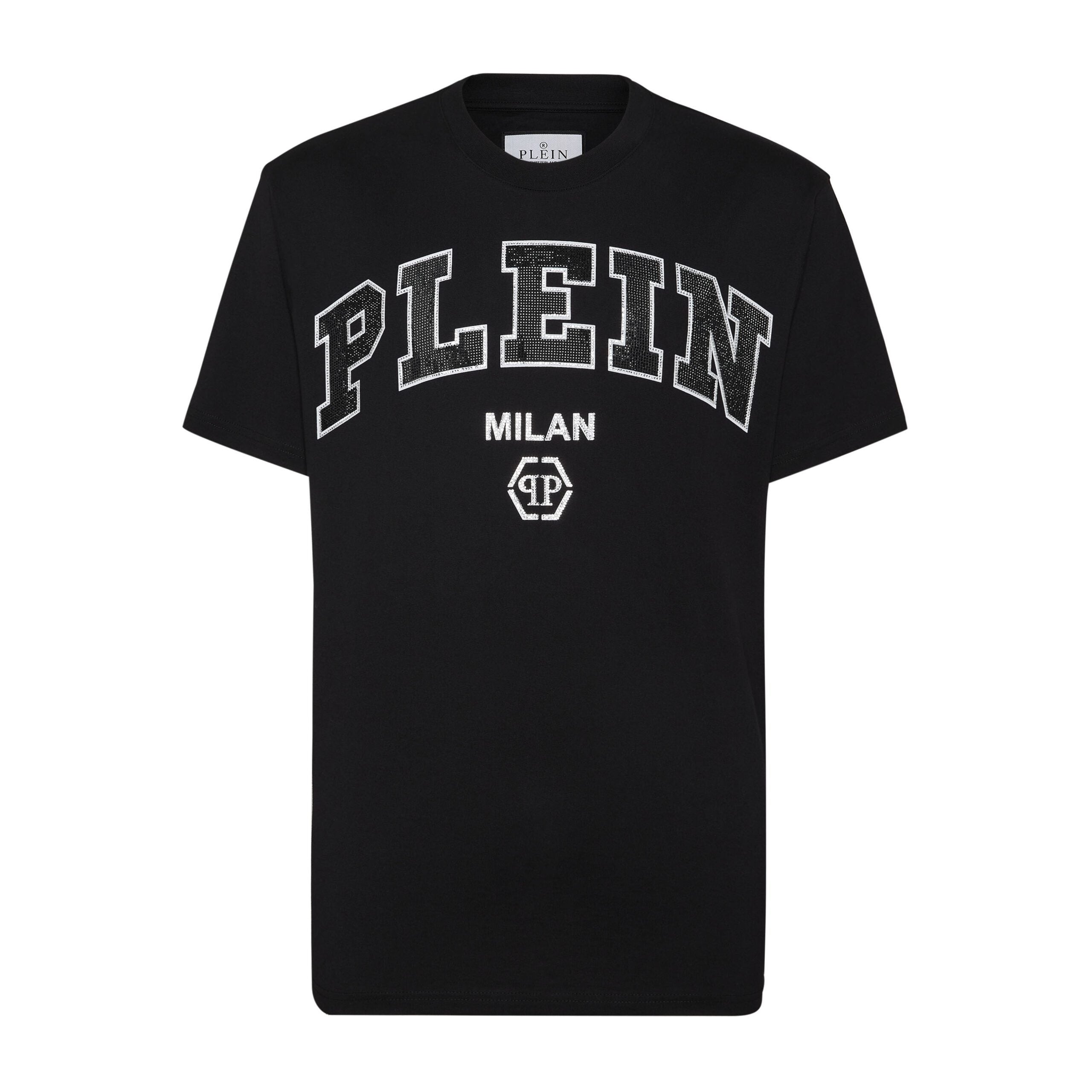 Philipp Plein black T-shirt with "PLEIN MILAN" logo, available at Lestyle Boutique.