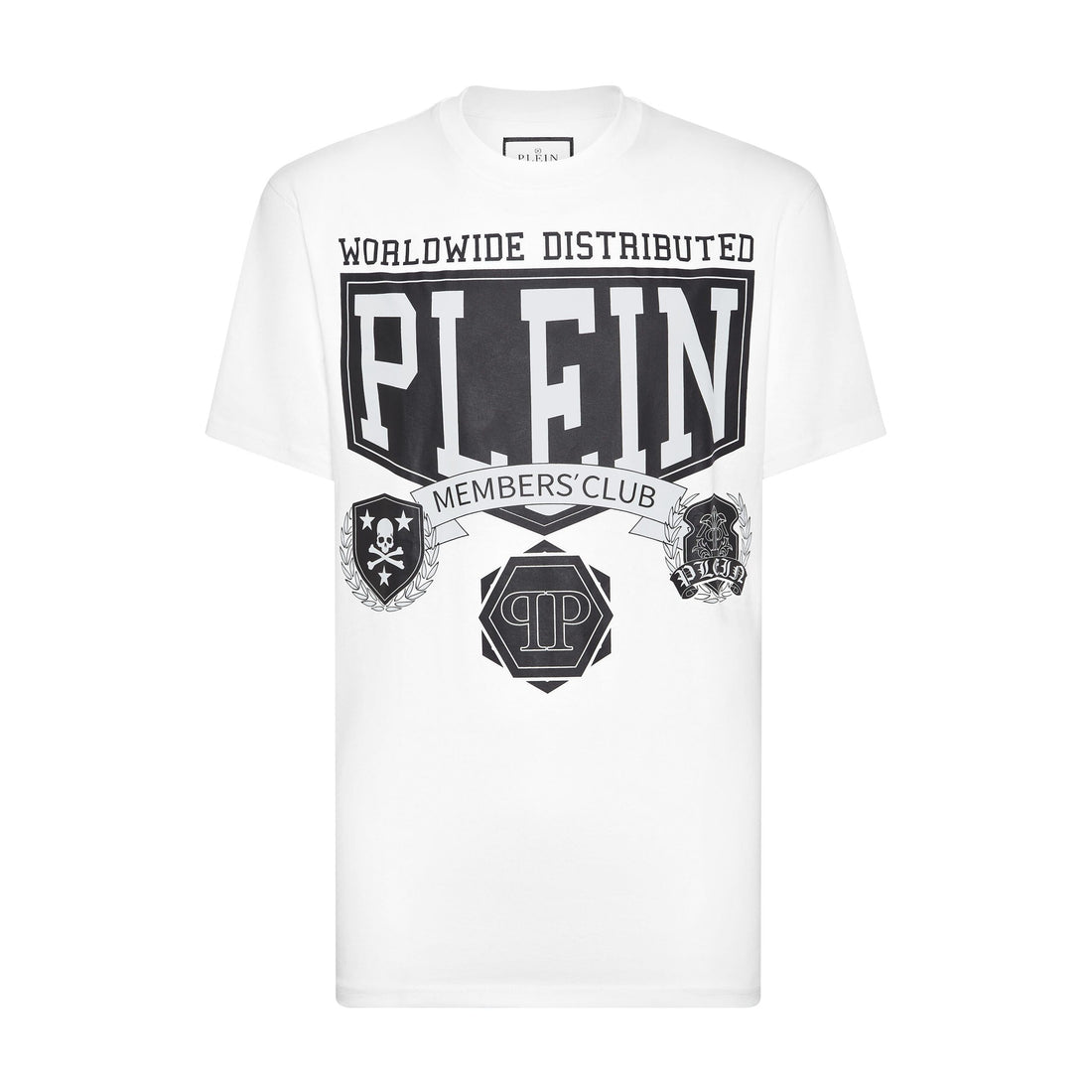 Philipp Plein white T-shirt with "PLEIN MEMBERS CLUB" graphic and coat of arms, available at Lestyle Boutique.