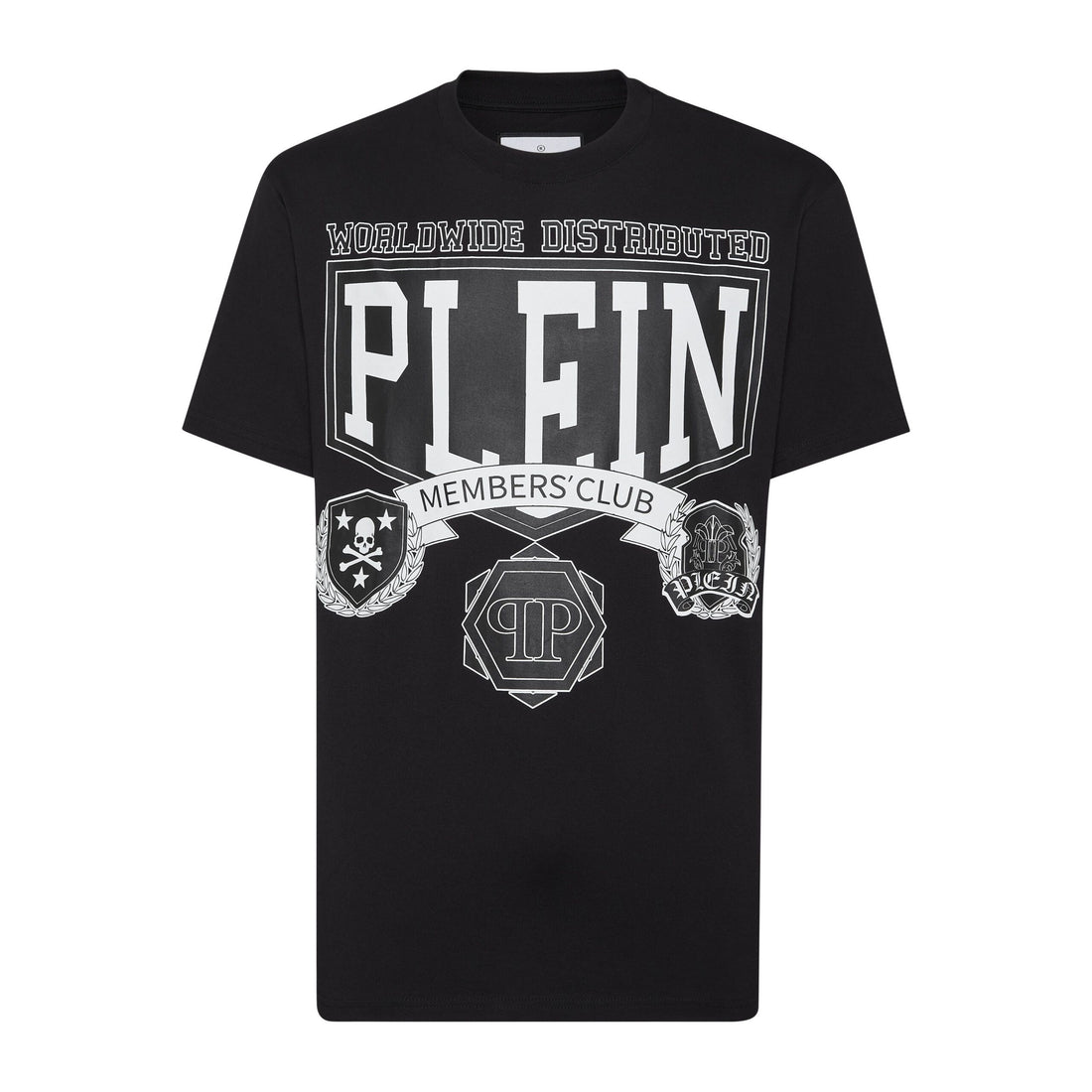Philipp Plein black T-shirt with "PLEIN MEMBERS CLUB" and emblem graphics, available at Lestyle Boutique.