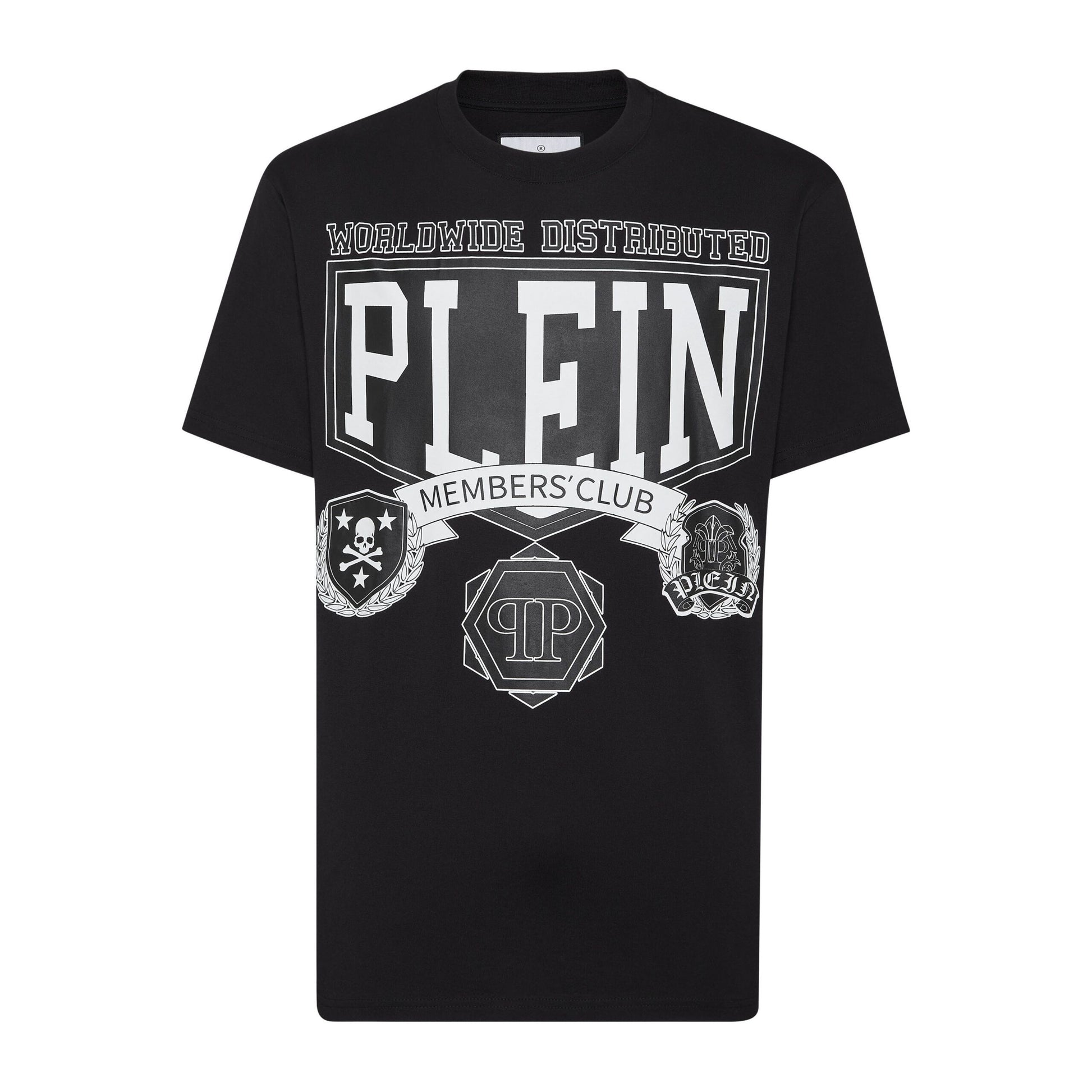 Philipp Plein black T-shirt with "PLEIN MEMBERS CLUB" and emblem graphics, available at Lestyle Boutique.