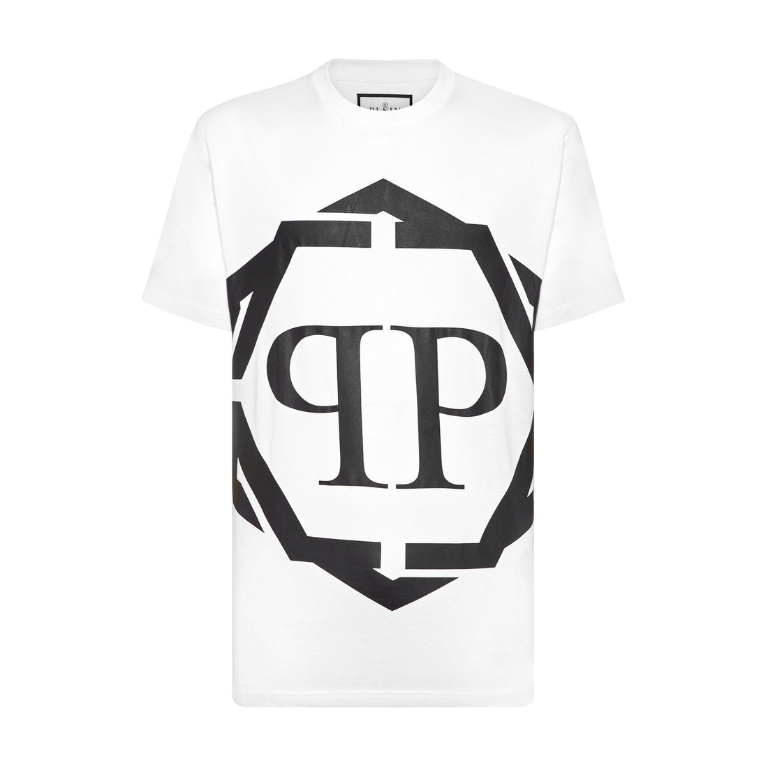 Philipp Plein white T-shirt with large PP Hexagon logo, available at Lestyle Boutique.