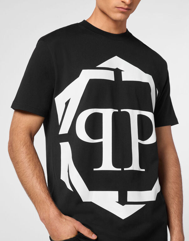 Philipp Plein black T-shirt with large white PP Hexagon logo, available at Lestyle Boutique.