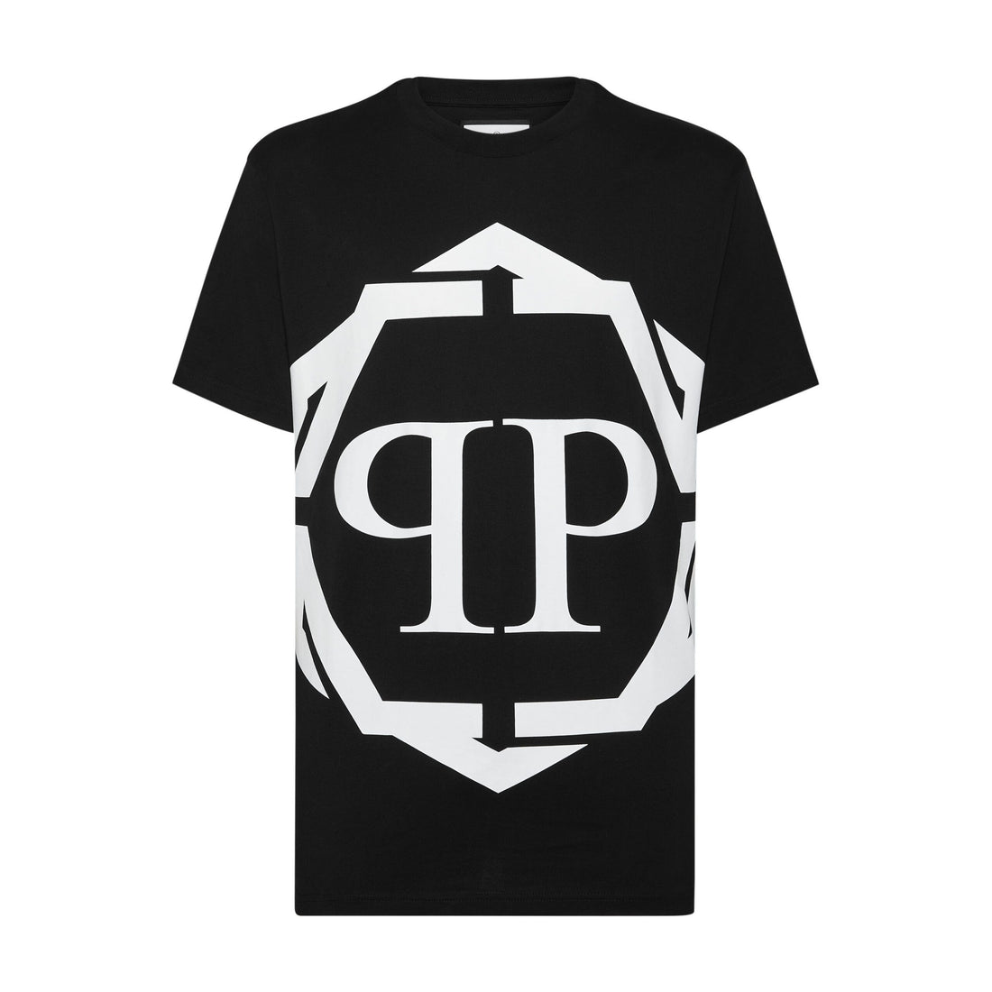 Philipp Plein black T-shirt with large white PP Hexagon logo, available at Lestyle Boutique.