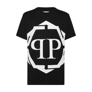 Philipp Plein black T-shirt with large white PP Hexagon logo, available at Lestyle Boutique.