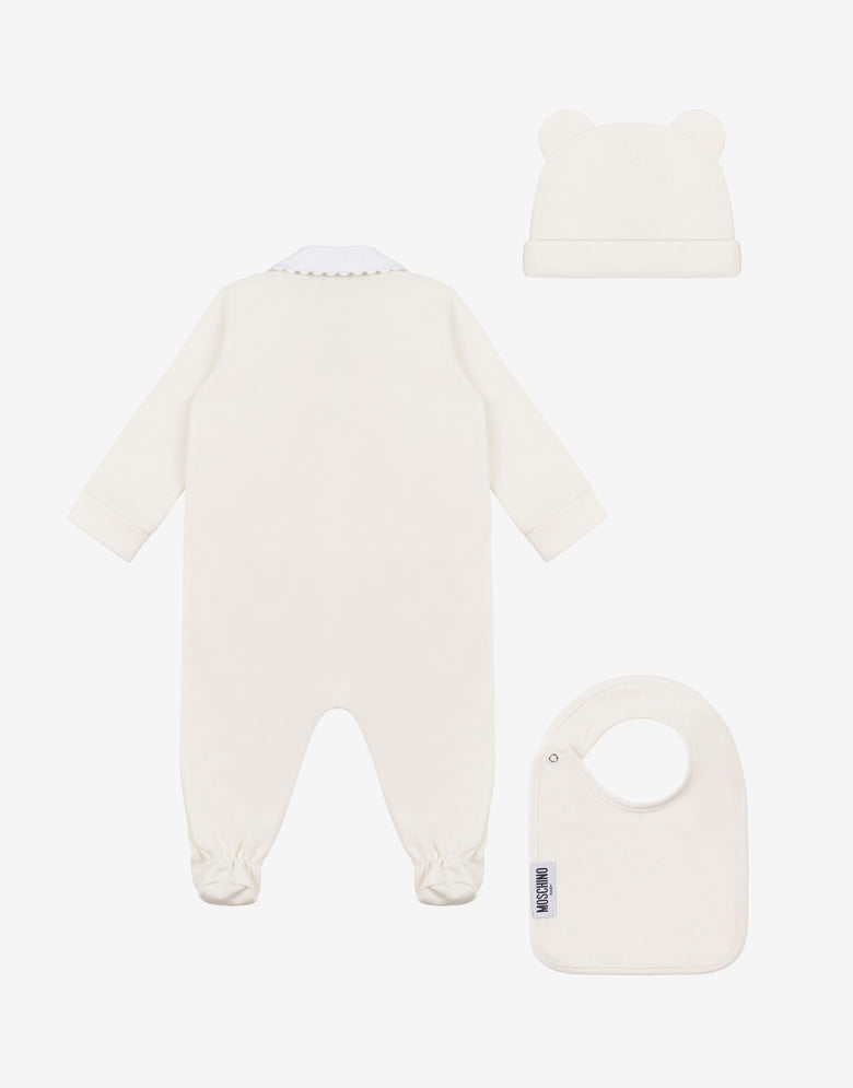 Moschino TEDDY BEAR PLUSH ONESIE HAT AND BIB SET KIDS featuring teddy bear motif available at Lestyle Boutique Melbourne