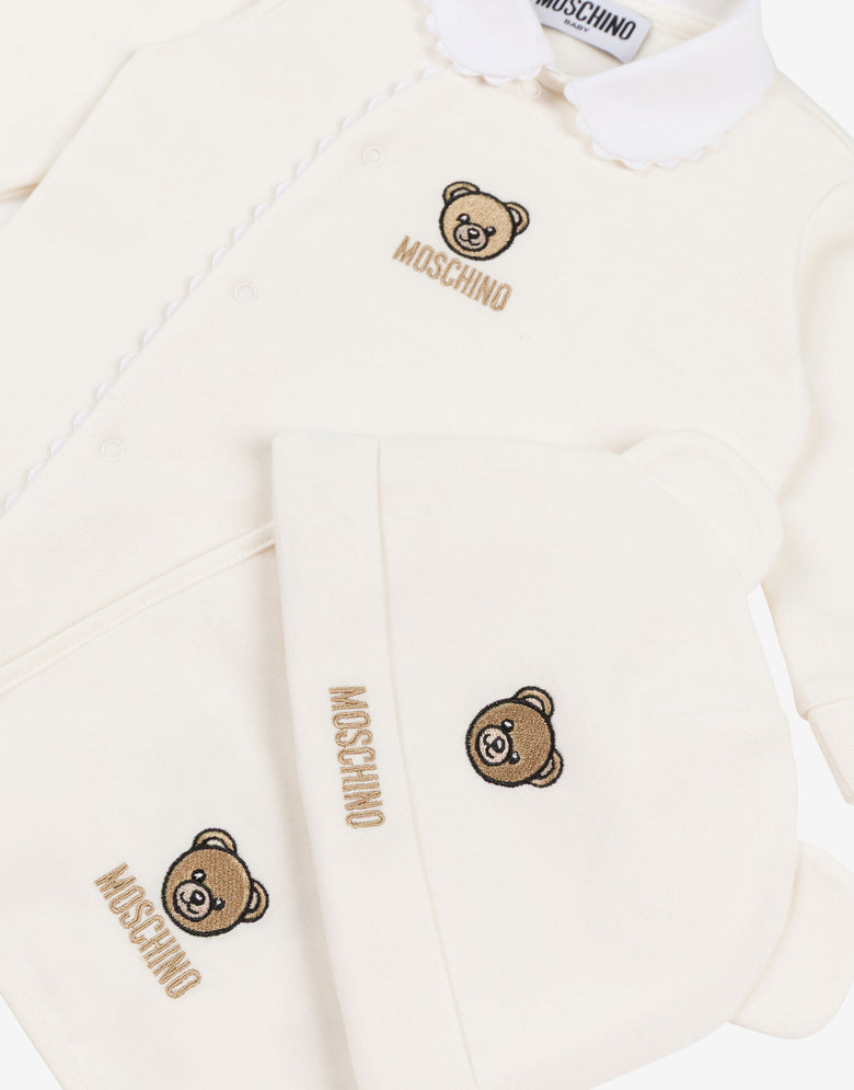 Moschino TEDDY BEAR PLUSH ONESIE HAT AND BIB SET KIDS featuring teddy bear motif available at Lestyle Boutique Melbourne