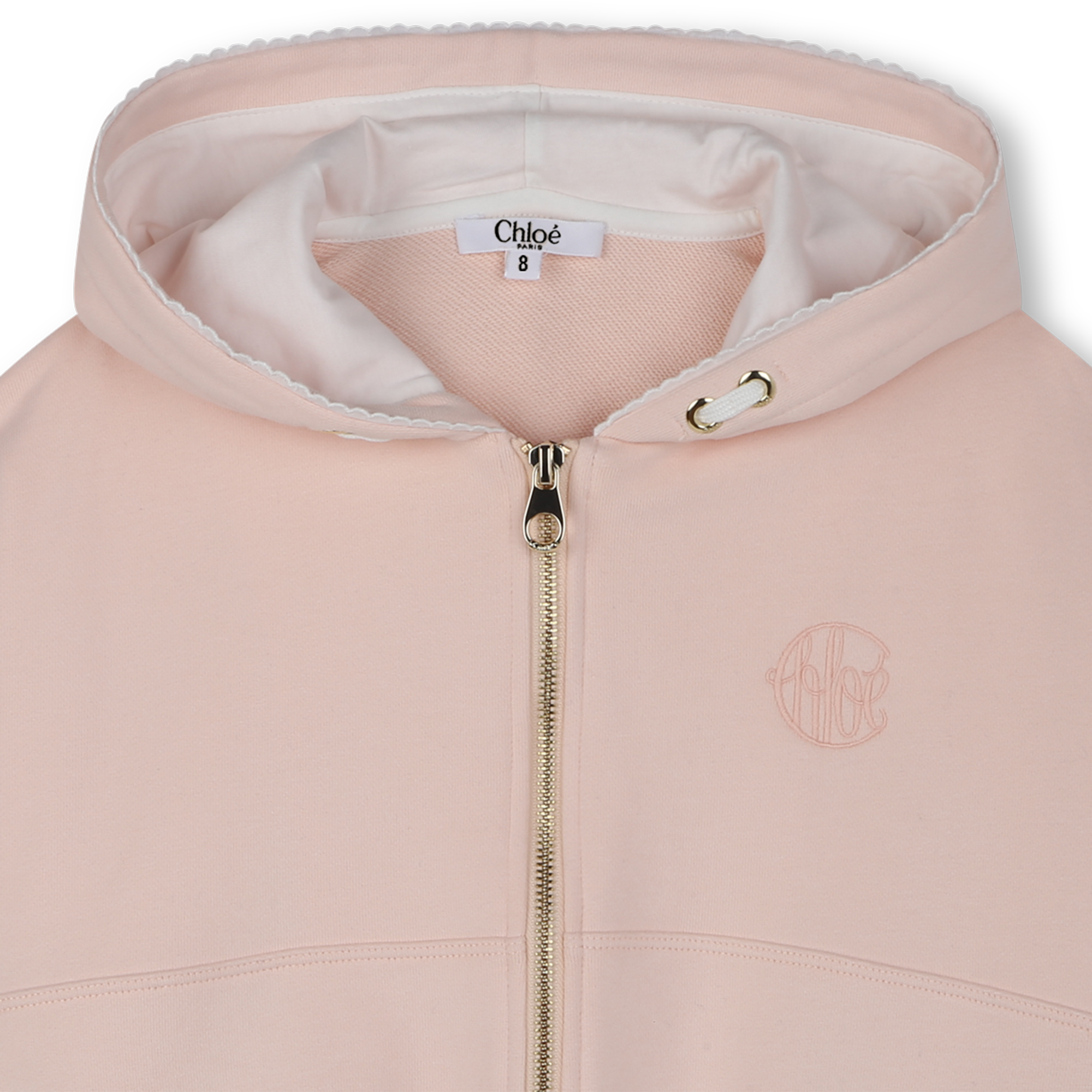 Chloé Kids zip-up hooded fleece cardigan featuring a soft pink color available at Lestyle Boutique Melbourne