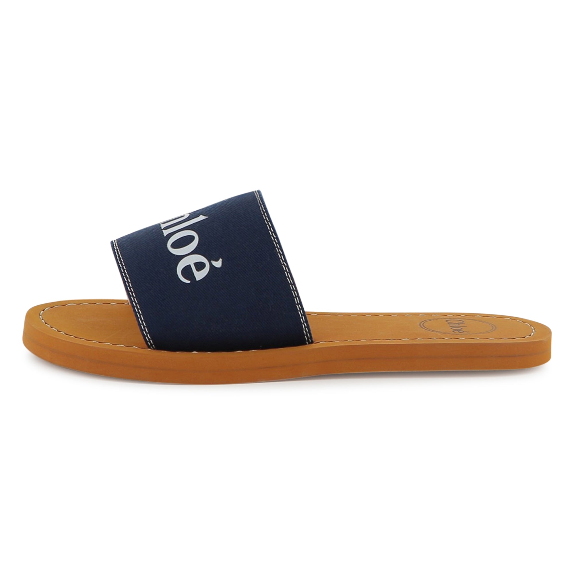 Chloé fabric logo slides featuring navy strap available at Lestyle Boutique Melbourne