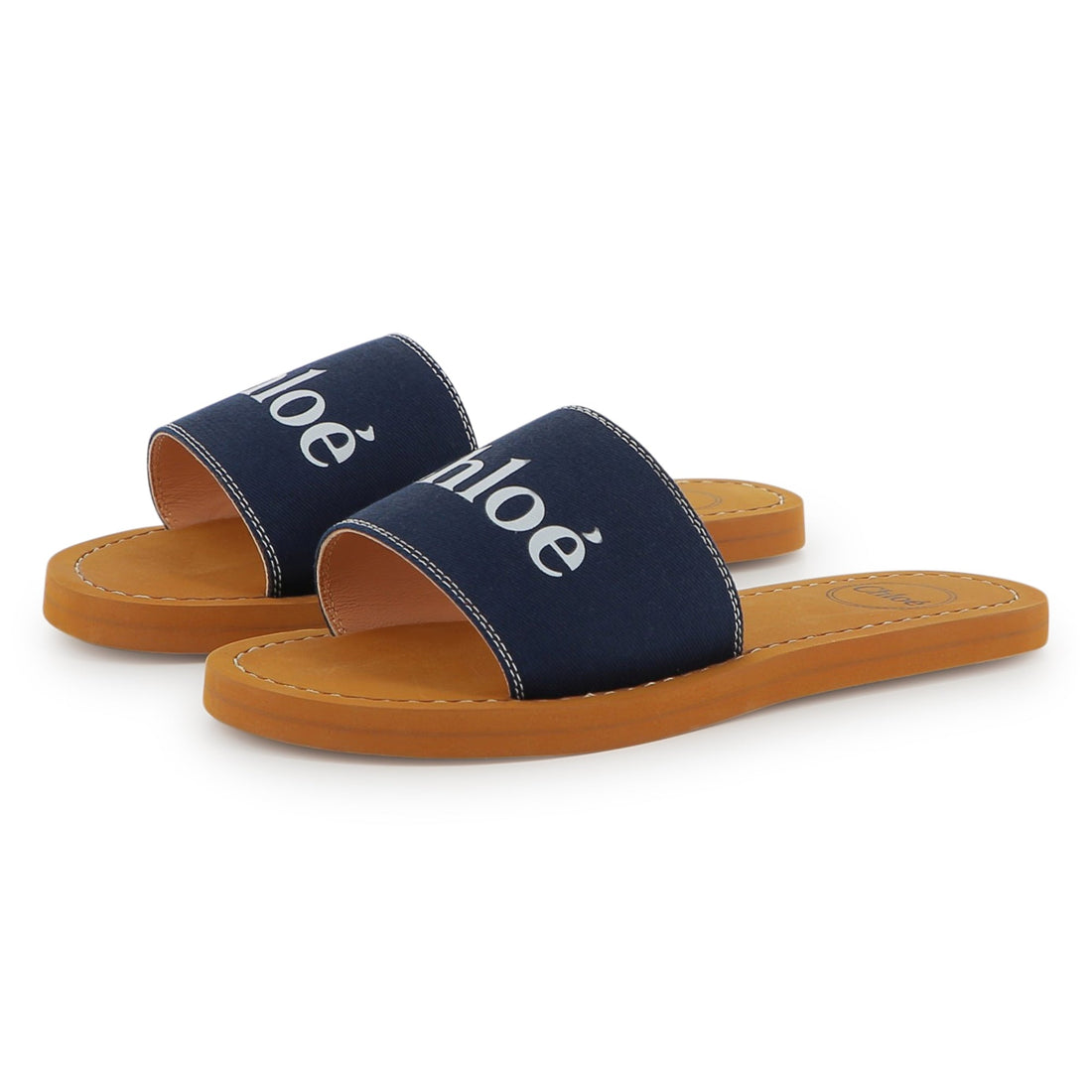 Chloé fabric logo slides featuring navy strap available at Lestyle Boutique Melbourne