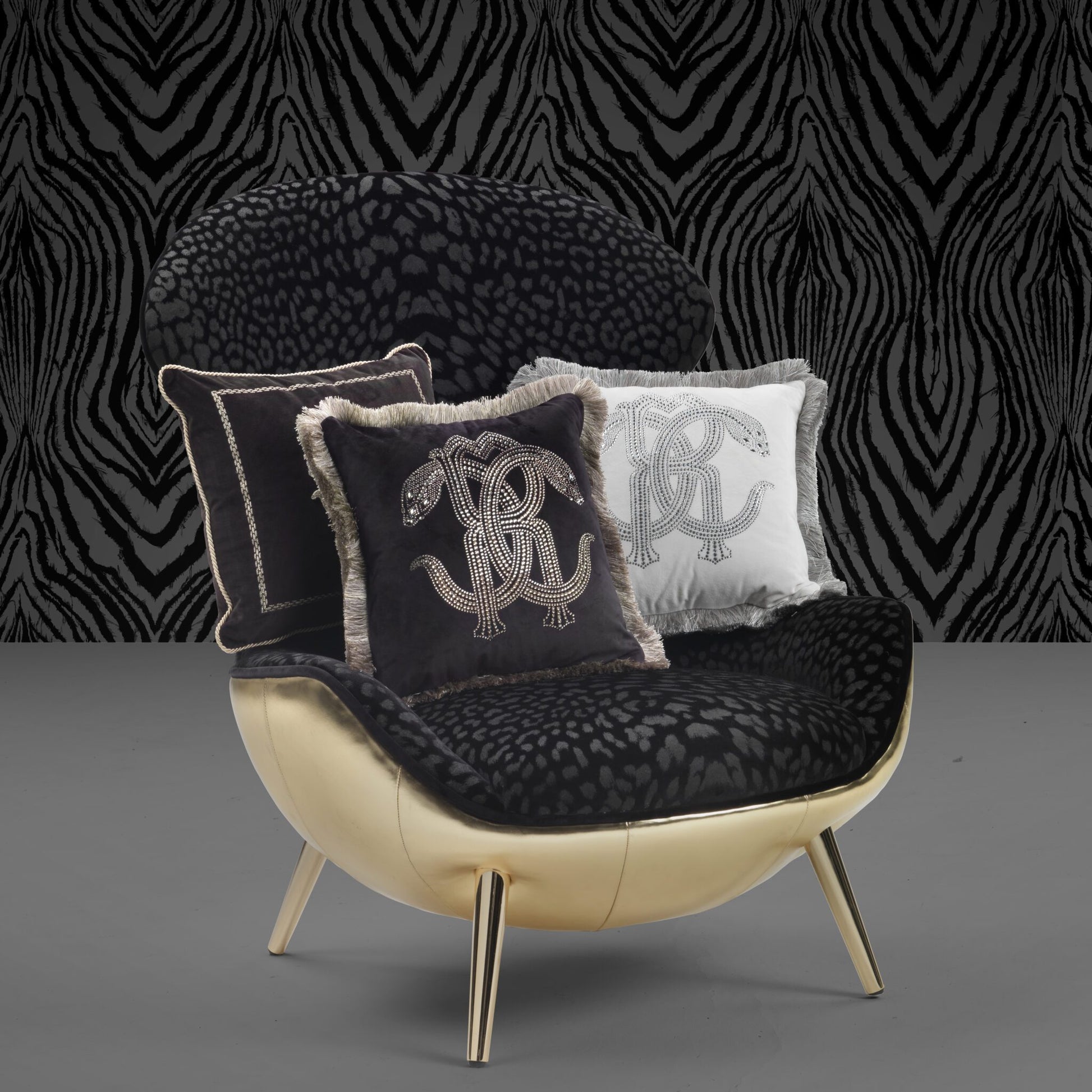 Roberto Cavalli cushion featuring a crystal snake design, available at Lestyle Boutique Melbourne