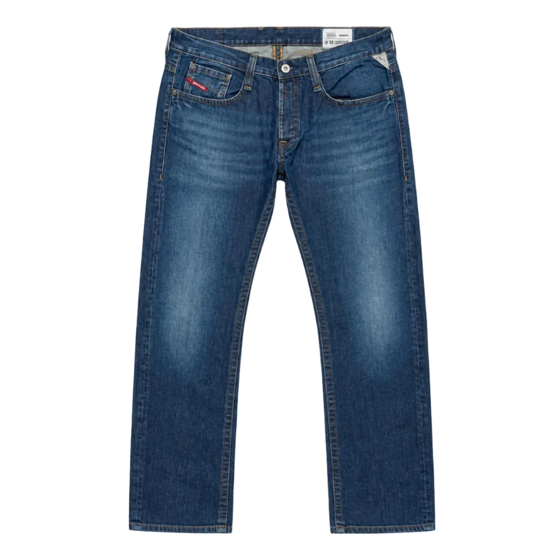 A pair of blue denim jeans with a straight-leg fit, featuring a faded wash on the thighs and a small red embroidered logo on the front pocket, LESTYLE