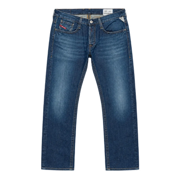 A pair of blue denim jeans with a straight-leg fit, featuring a faded wash on the thighs and a small red embroidered logo on the front pocket, LESTYLE