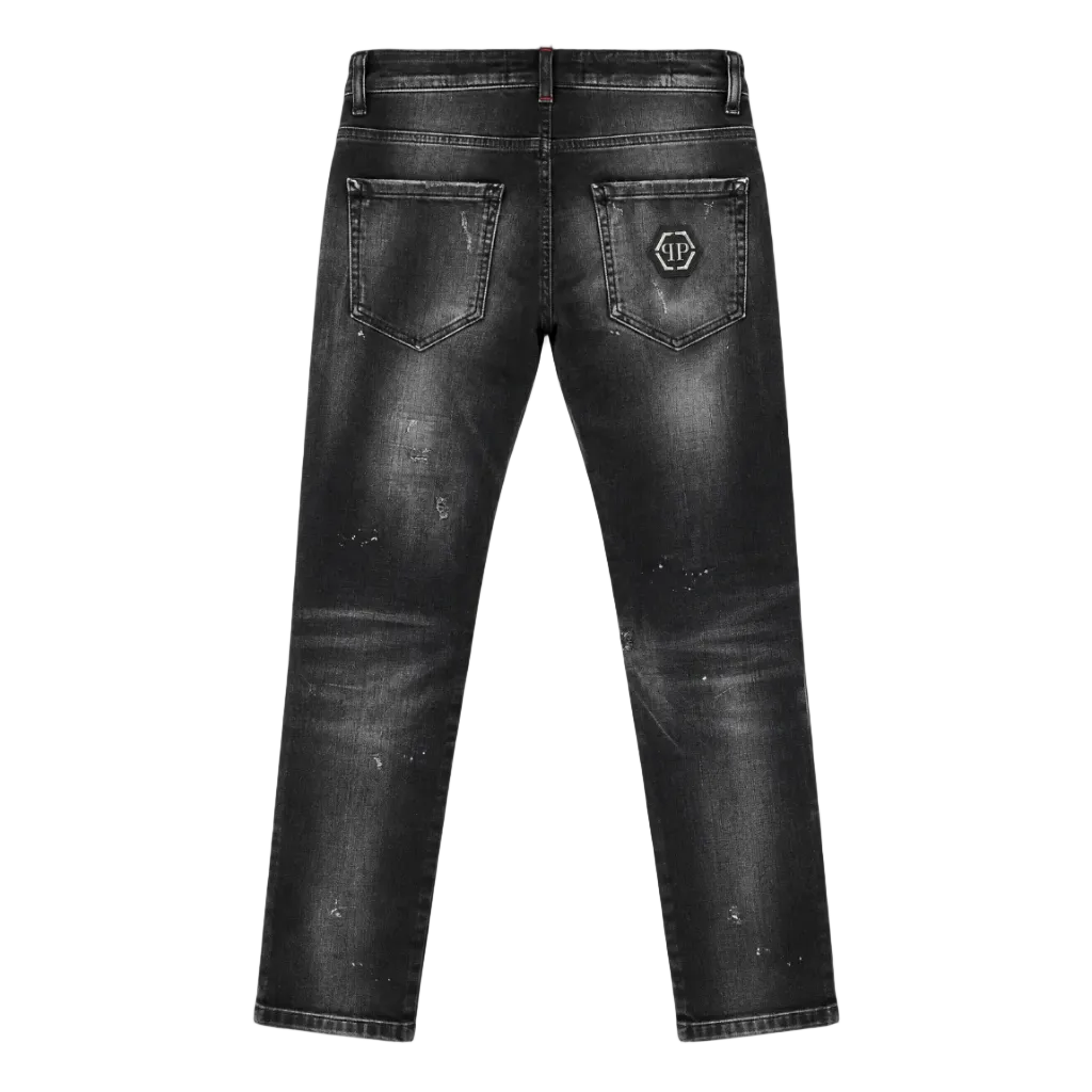 Black acid-wash distressed jeans with faded gray highlights, shown flat against a white background.