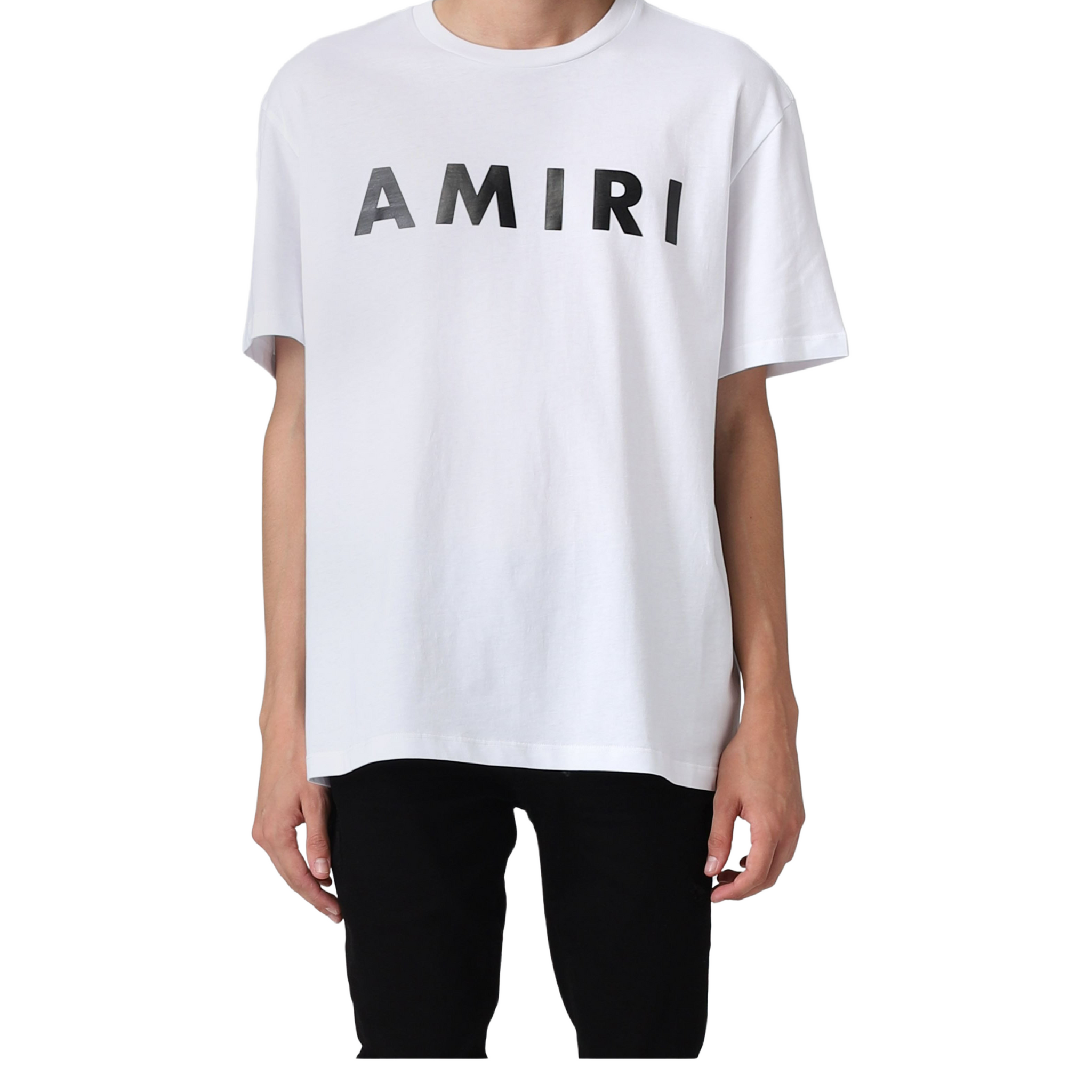 Amiri white cotton t-shirt featuring a bold black logo print across the chest. This premium designer piece showcases a relaxed fit and classic crew neck design, perfect for casual wear. The high-quality cotton fabric ensures comfort and durability, making it an ideal choice for everyday style or special occasions. Elevate your wardrobe with this luxury essential, available at Lestyle Boutique Melbourne.