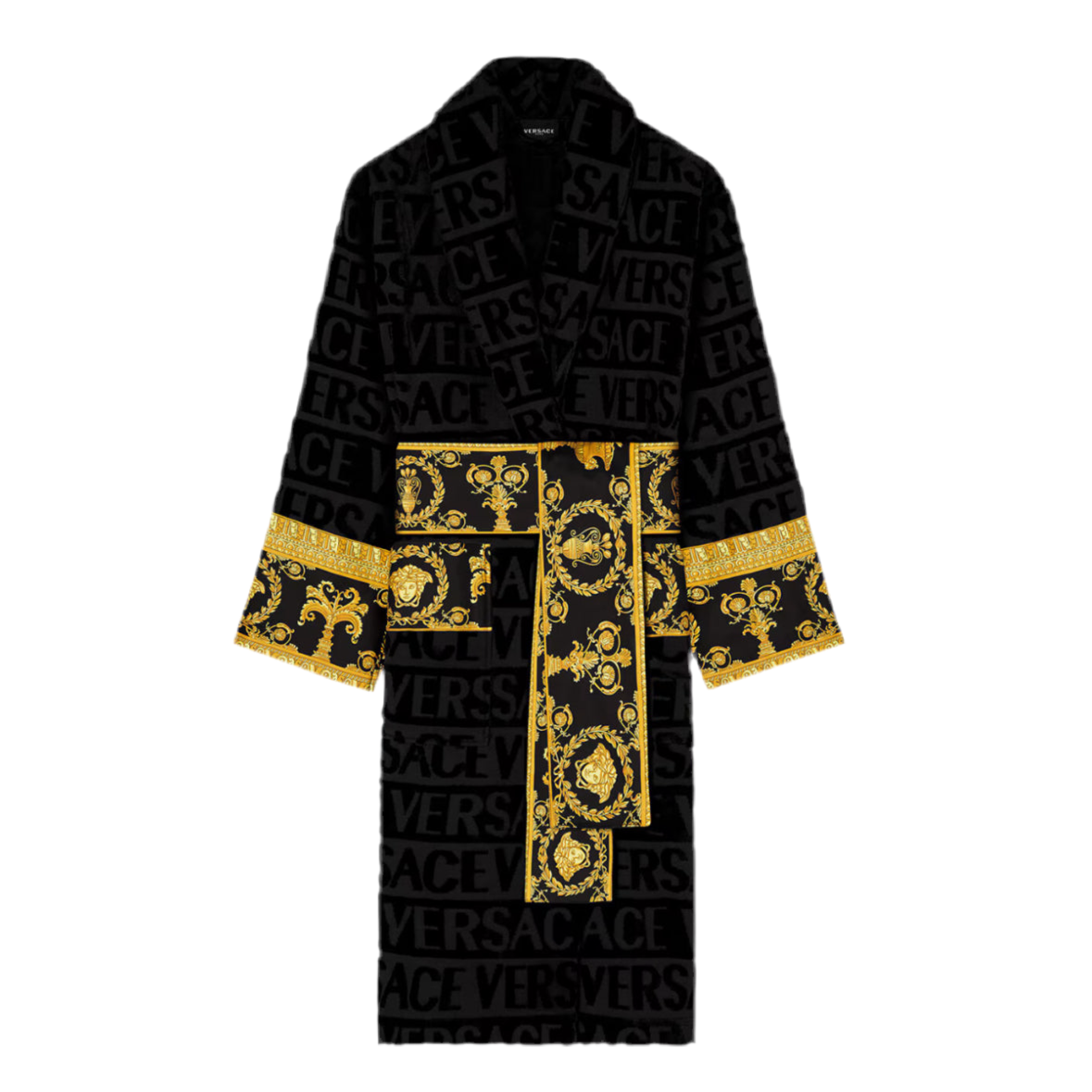 Black Versace robe with gold patterns on a white background
