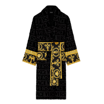 Black Versace robe with gold patterns on a white background