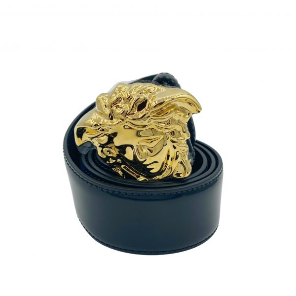 Versace belt featuring Medusa head buckle on a shiny black leather belt available at Lestyle Boutique Melbourne