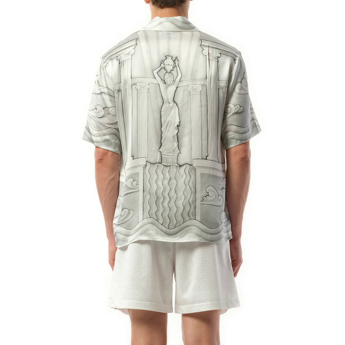Casablanca Sacred Stone Cuban Collar Shirt in Grey, crafted from premium silk with an elegant pattern, available at Lestyle Boutique.