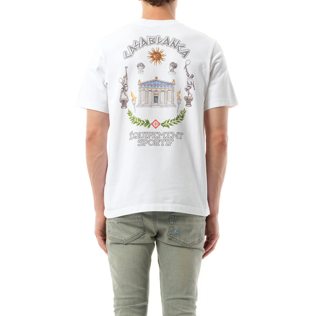 Casablanca Le Temple Du Sport Printed T-Shirt in White, made from organic cotton with a logo print, available at Lestyle Boutique.