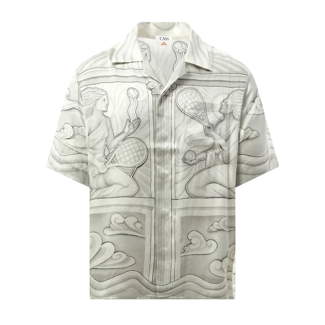 Casablanca Sacred Stone Cuban Collar Shirt in Grey, crafted from premium silk with an elegant pattern, available at Lestyle Boutique.