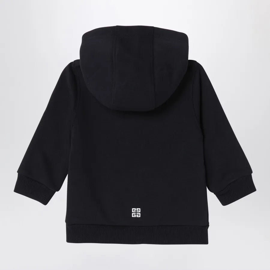 Givenchy black cotton-blend zip hoodie with a contrasting white lettering logo print on the front, two welt pockets, and ribbed hems, available at Lestyle Boutique 136 Little Collins St.