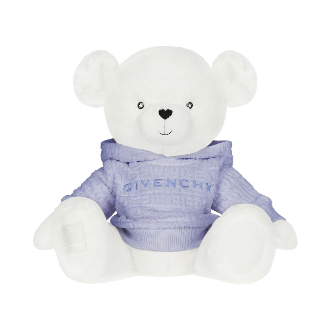 Givenchy Teddy Bear in light blue faux fur with a jacquard hoodie, 30 cm tall, available at Lestyle Boutique.