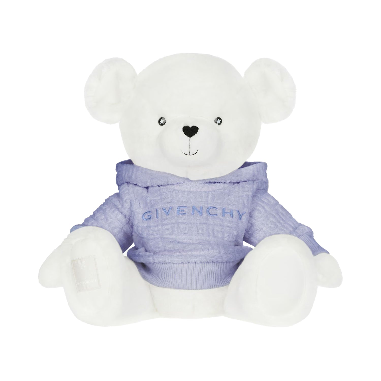 Givenchy Teddy Bear in light blue faux fur with a jacquard hoodie, 30 cm tall, available at Lestyle Boutique.