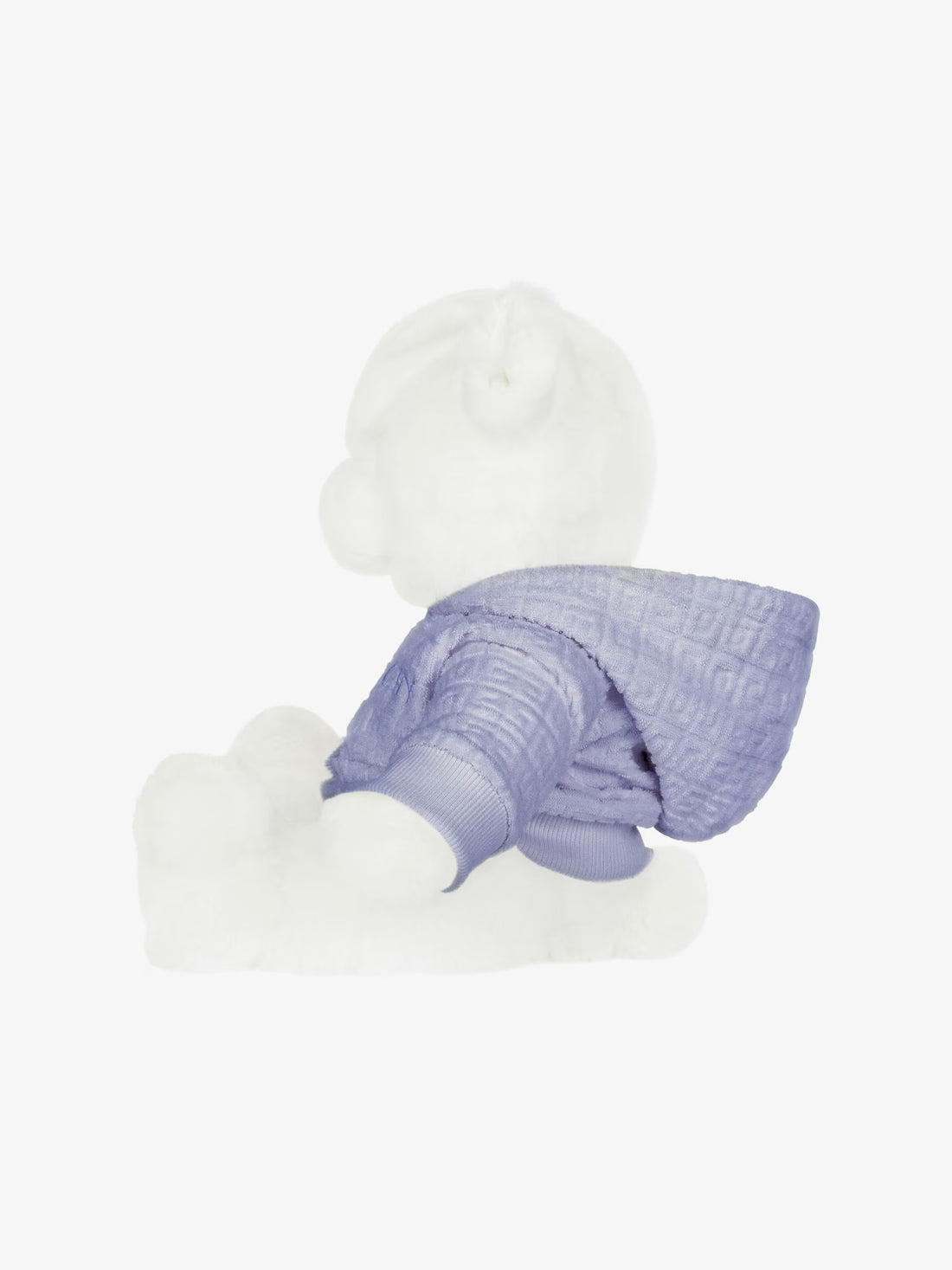 Givenchy Teddy Bear in light blue faux fur with a jacquard hoodie, 30 cm tall, available at Lestyle Boutique.