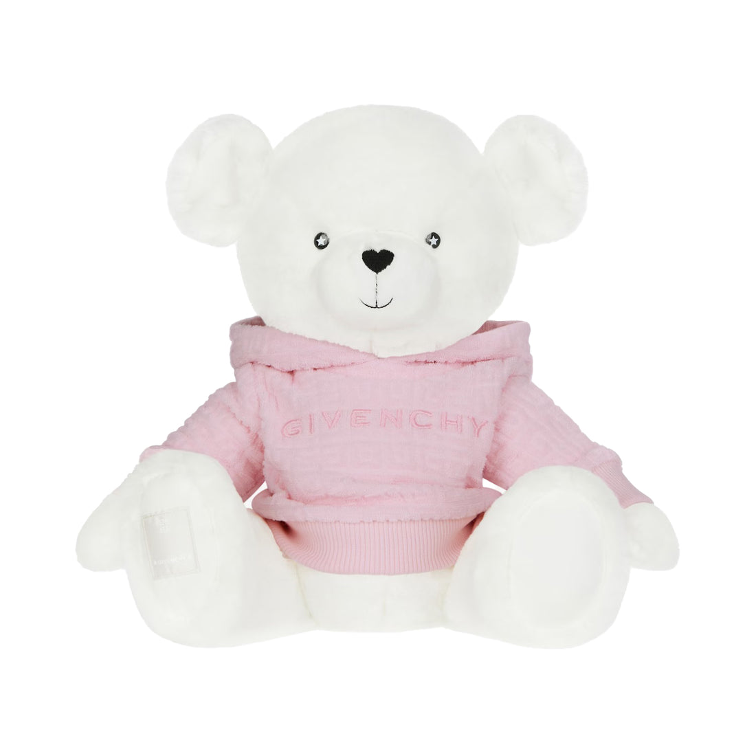 Givenchy Teddy Bear in light pink faux fur with a jacquard hoodie, 30 cm tall, available at Lestyle Boutique.