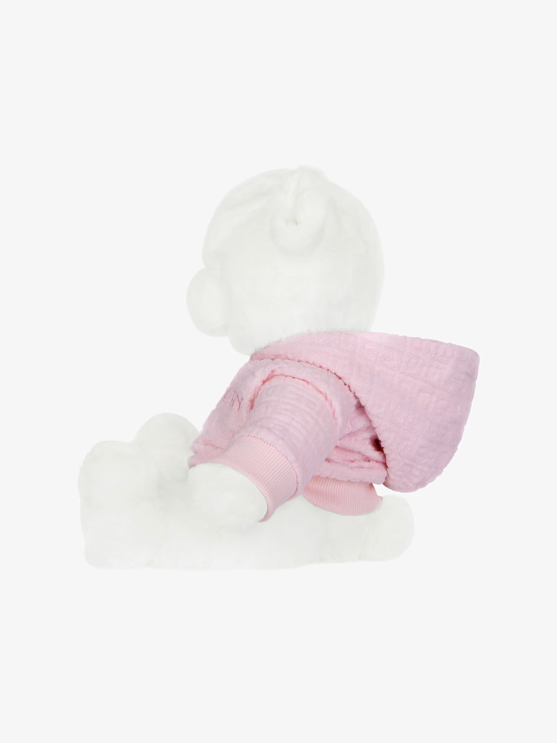 Givenchy Teddy Bear in light pink faux fur with a jacquard hoodie, 30 cm tall, available at Lestyle Boutique.