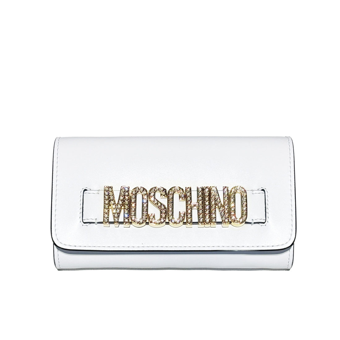 Moschino white clutch bag with gold-plated rhinestone logo, available at Lestyle Boutique Melbourne. A glamorous choice for evening events.