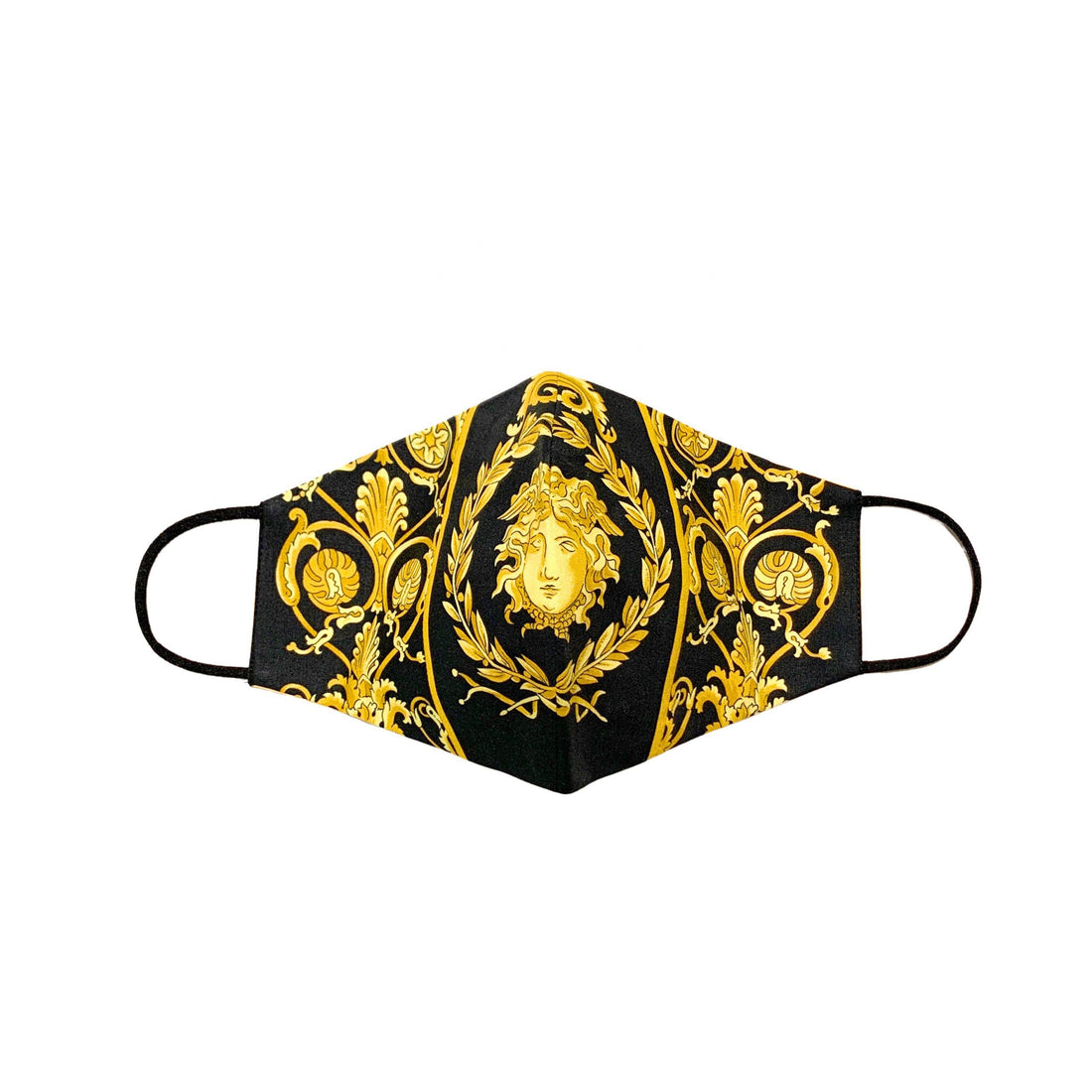 Medusa Baroque pattern cotton face mask with gold accents, featuring a luxurious Medusa design for stylish protection, perfect for hay fever and pollen season - Lestyle Boutique Melbourne