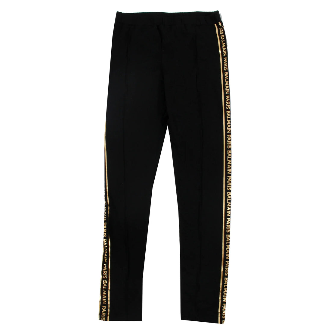 Luxury Balmain kids black track pants featuring a stylish logo tape design along the sides. These premium pants are crafted from high-quality materials, ensuring comfort and durability for active children. The modern fit and sleek design make them perfect for casual outings or playdates, providing both style and functionality. Ideal for young fashion enthusiasts, available at Lestyle Boutique Melbourne.