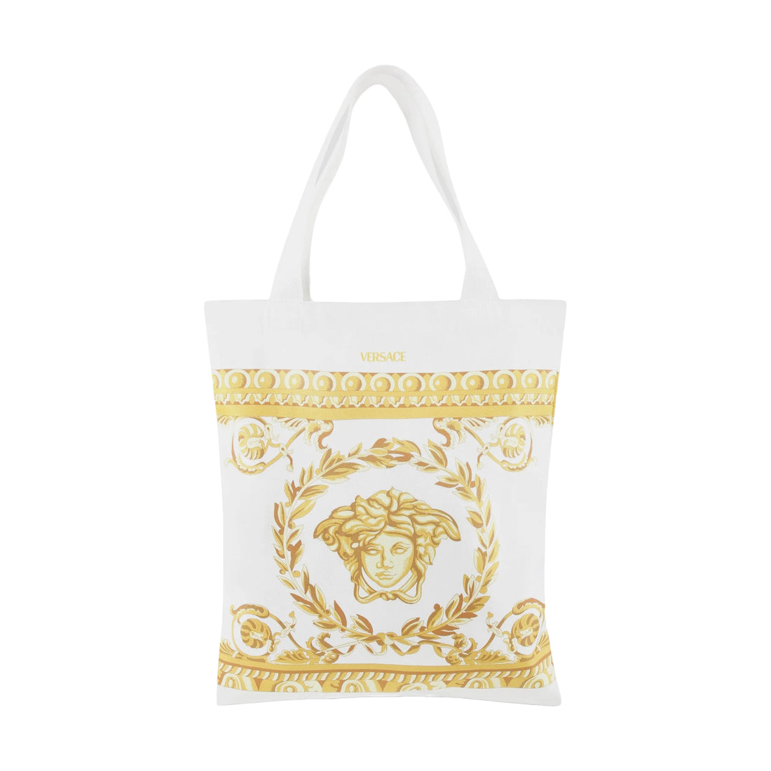 Versace Kids Medusa Tote Bag in white and gold, featuring the iconic Medusa motif and Barocco print with a spacious design, available at Lestyle Boutique.
