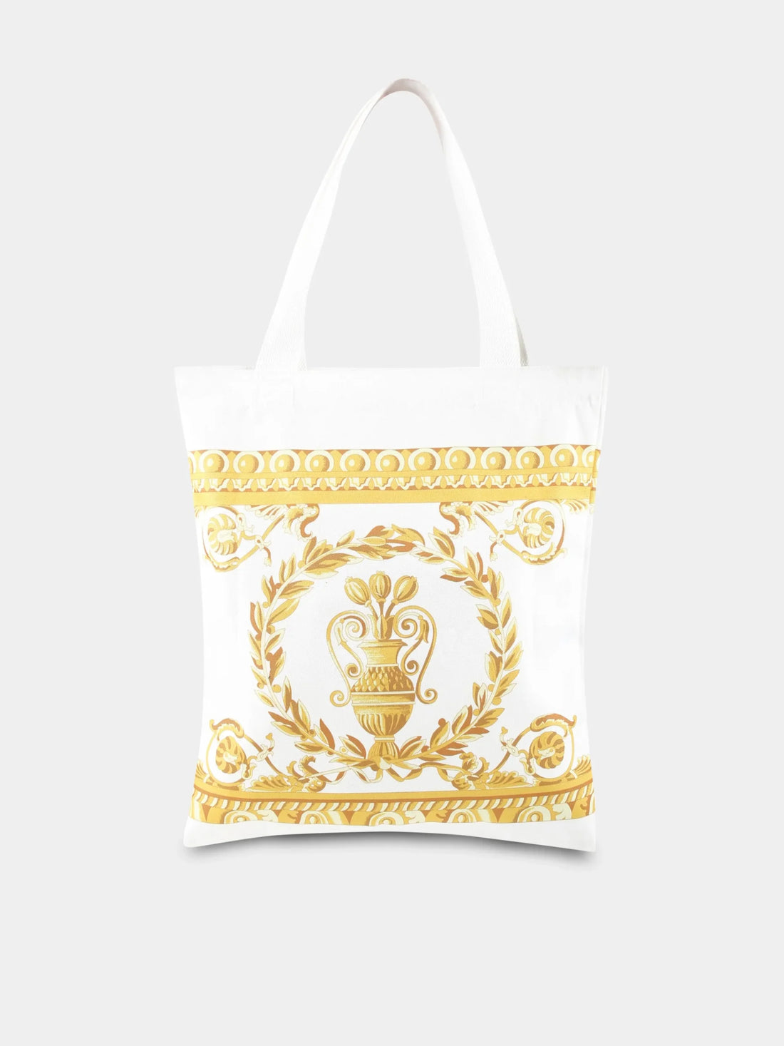 Versace Kids Medusa Tote Bag in white and gold, featuring the iconic Medusa motif and Barocco print with a spacious design, available at Lestyle Boutique.