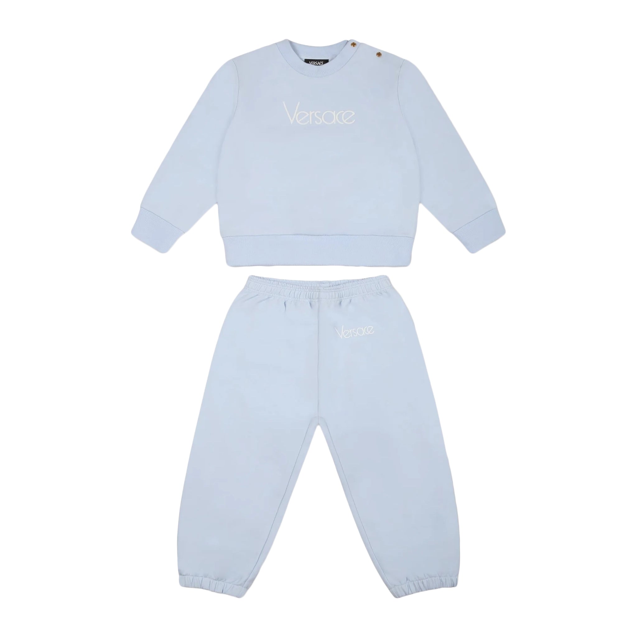 Versace Baby Boy Light Blue Logo Sweatshirt Set in a soft cotton blend, featuring an embroidered logo, ribbed cuffs, and an elasticated waist, available at Lestyle Boutique.