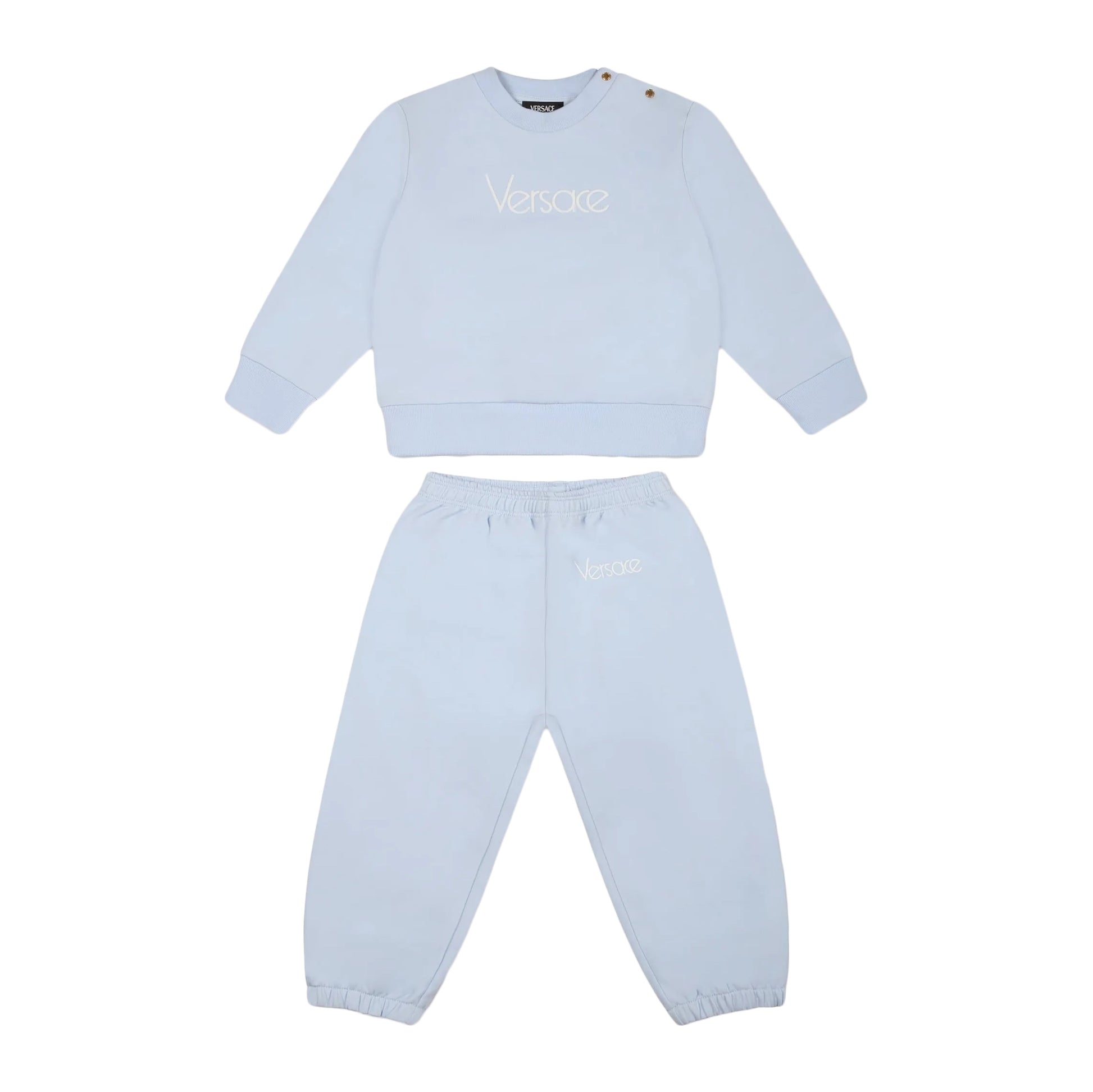 Versace Baby Boy Light Blue Logo Sweatshirt Set in a soft cotton blend, featuring an embroidered logo, ribbed cuffs, and an elasticated waist, available at Lestyle Boutique.