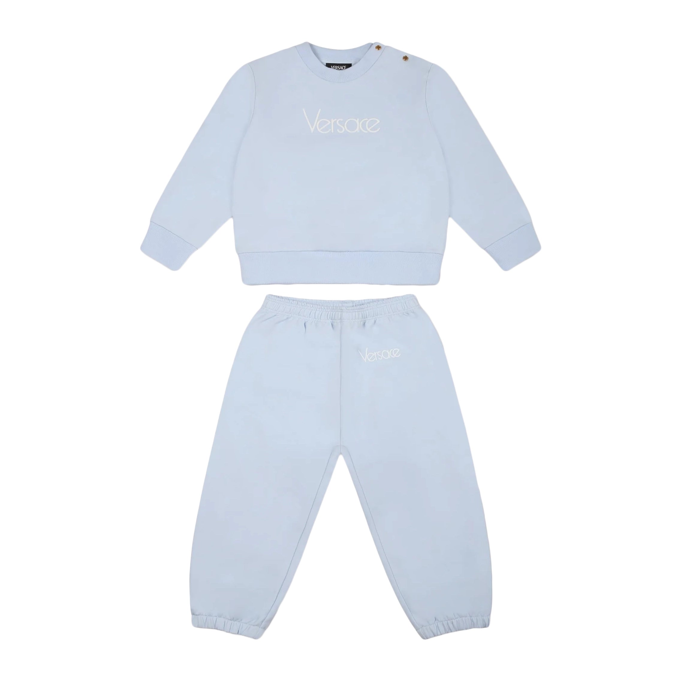 Versace Baby Boy Light Blue Logo Sweatshirt Set in a soft cotton blend, featuring an embroidered logo, ribbed cuffs, and an elasticated waist, available at Lestyle Boutique.