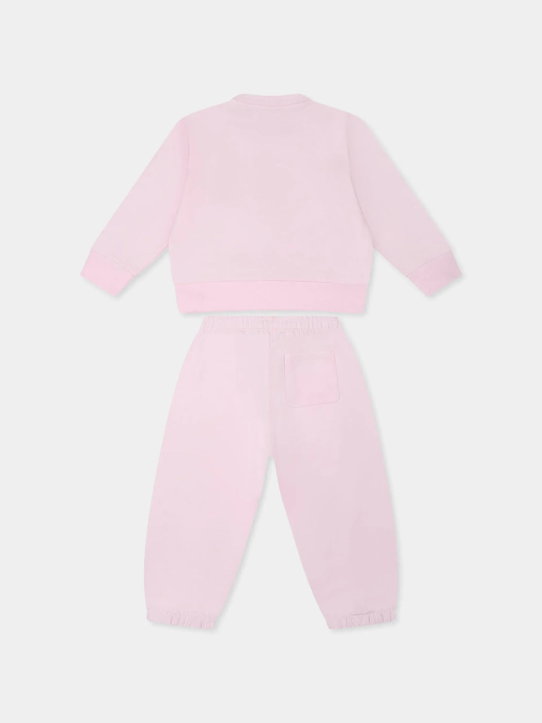 Versace Baby Girl Pink Logo Sweatshirt Set in a soft cotton blend, featuring an embroidered logo, ribbed cuffs, and an elasticated waist, available at Lestyle Boutique.