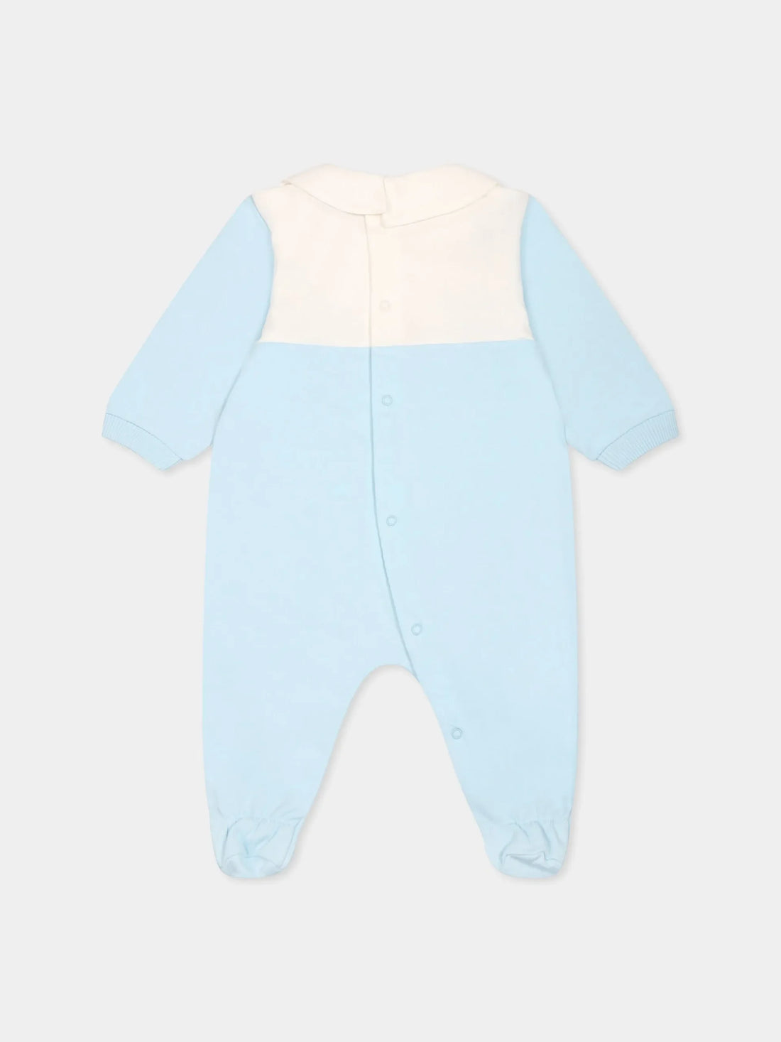 Moschino Kids Baby light blue organic cotton footed babygrow featuring a color-block design with white/cream chest panel, Peter Pan collar, long sleeves, snap closure, and Teddy Bear print, available at Lestyle Boutique 136 Little Collins St.