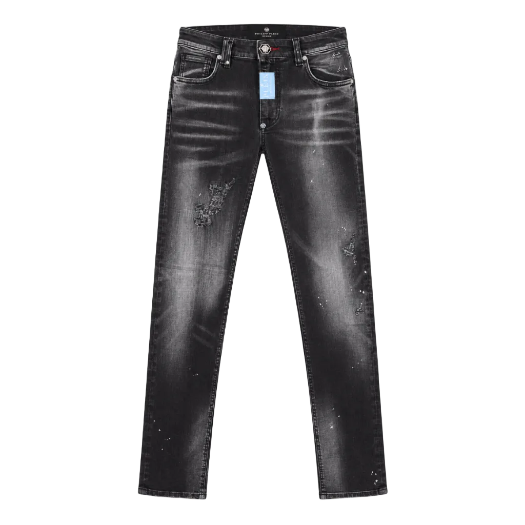 Black acid-wash distressed jeans with faded gray highlights, shown flat against a white background.