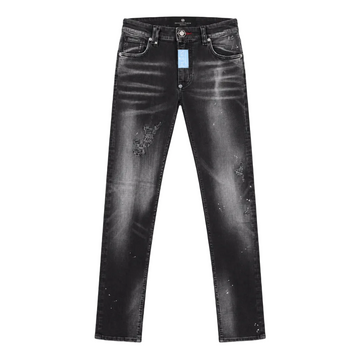 Black acid-wash distressed jeans with faded gray highlights, shown flat against a white background.
