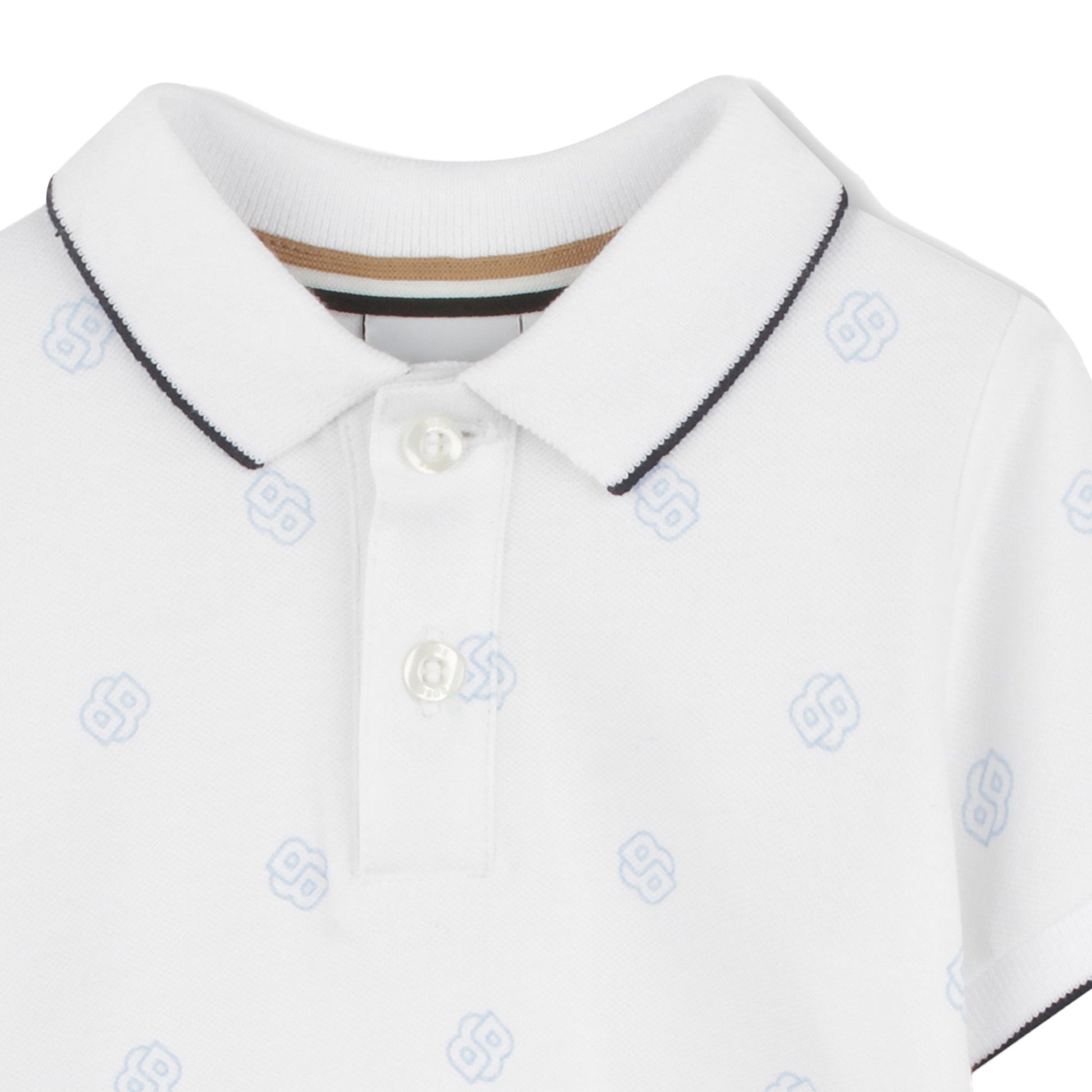 BOSS kids short-sleeve polo shirt featuring a light-blue logo pattern and contrast collar trim available at Lestyle Boutique Melbourne